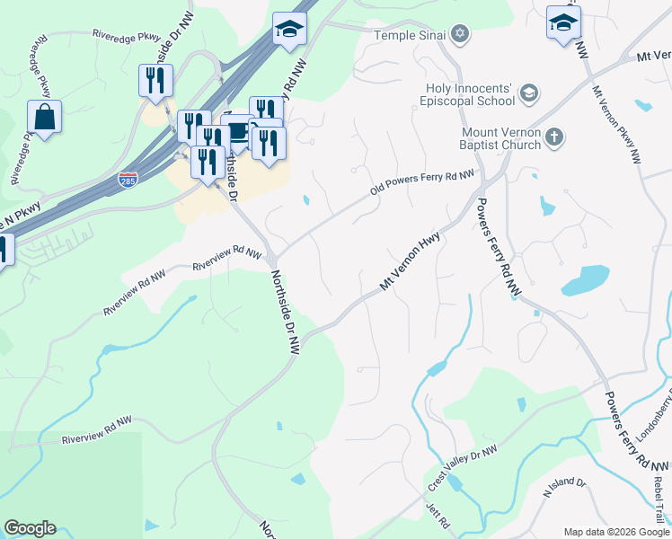 map of restaurants, bars, coffee shops, grocery stores, and more near 65 Old Powers Place Northwest in Atlanta