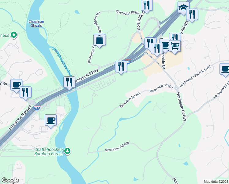 map of restaurants, bars, coffee shops, grocery stores, and more near 6550 Powers Ferry Road Northwest in Atlanta