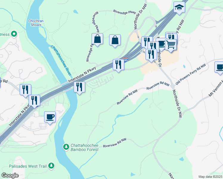 map of restaurants, bars, coffee shops, grocery stores, and more near 6550 Powers Ferry Road Northwest in Atlanta