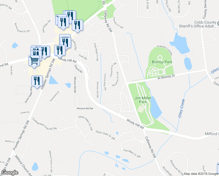 map of restaurants, bars, coffee shops, grocery stores, and more near 2027 Santenay Drive South West in Marietta