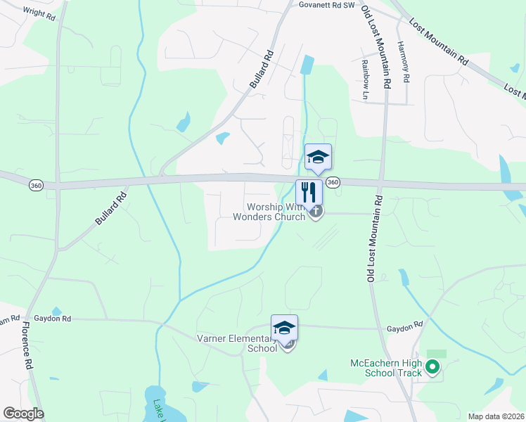 map of restaurants, bars, coffee shops, grocery stores, and more near 2115 Line Tree Lane in Powder Springs