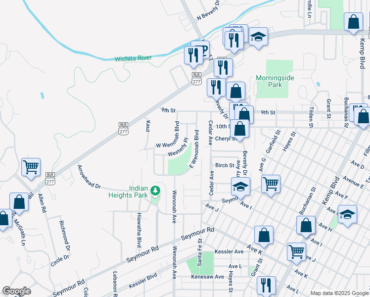map of restaurants, bars, coffee shops, grocery stores, and more near 1021 Westerly Place in Wichita Falls