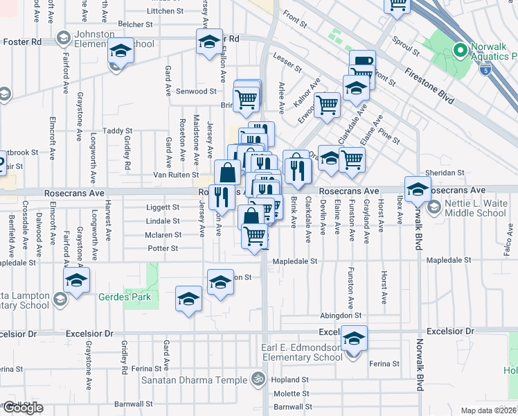 map of restaurants, bars, coffee shops, grocery stores, and more near 14346 Pioneer Boulevard in Norwalk