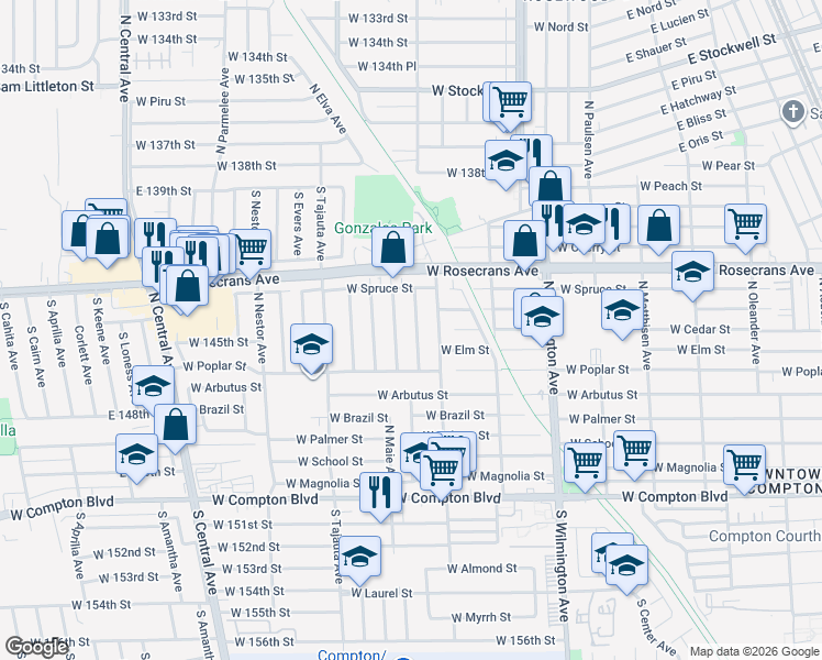 map of restaurants, bars, coffee shops, grocery stores, and more near 803 North Grandee Avenue in Compton