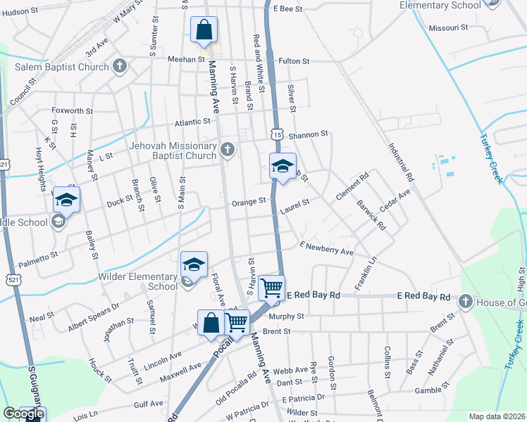 map of restaurants, bars, coffee shops, grocery stores, and more near 116 Orange Street in Sumter