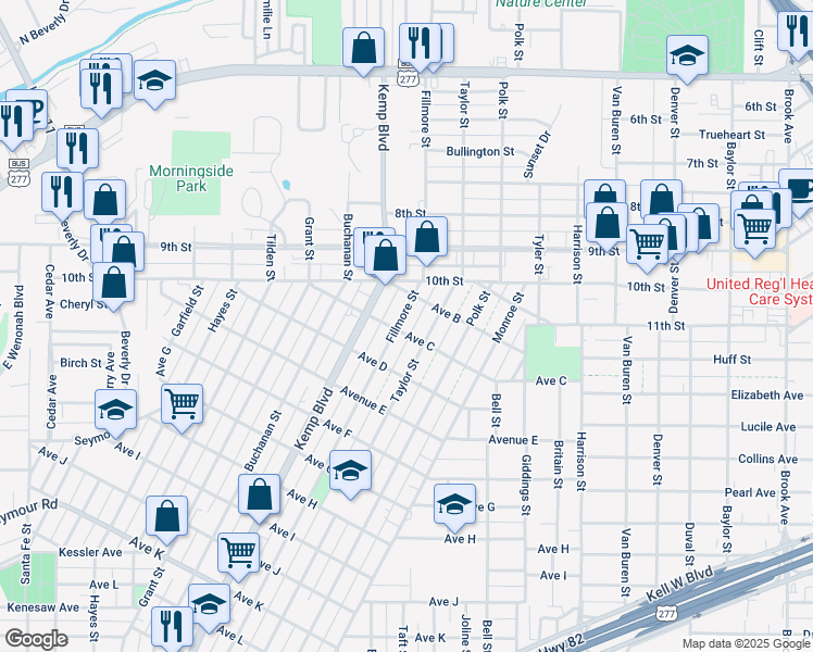 map of restaurants, bars, coffee shops, grocery stores, and more near 1209 Fillmore Street in Wichita Falls