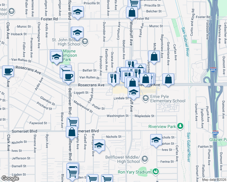 map of restaurants, bars, coffee shops, grocery stores, and more near 10052 Rosecrans Avenue in Bellflower