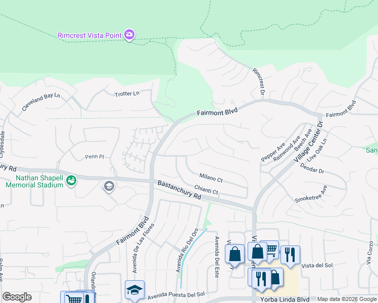 map of restaurants, bars, coffee shops, grocery stores, and more near 20159 Trentino Lane in Yorba Linda