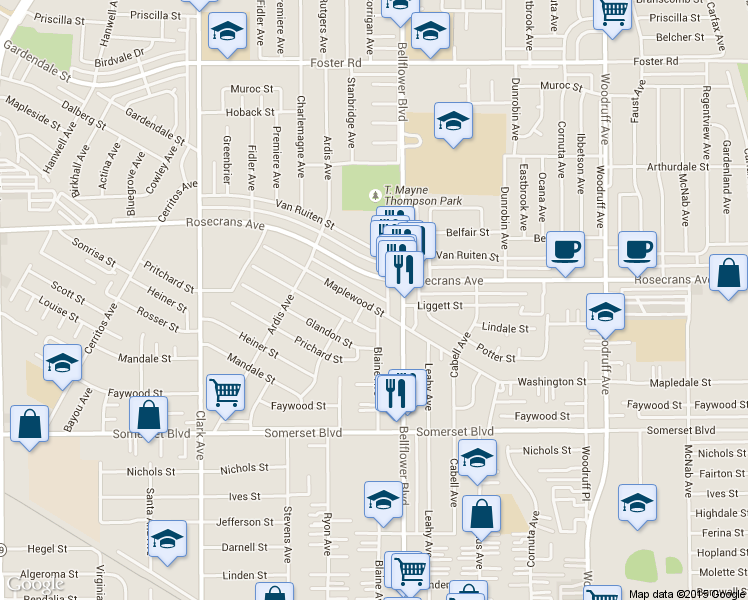 map of restaurants, bars, coffee shops, grocery stores, and more near 9733 Maplewood St in Bellflower