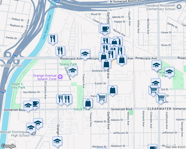 map of restaurants, bars, coffee shops, grocery stores, and more near 7246 Richfield Street in Paramount