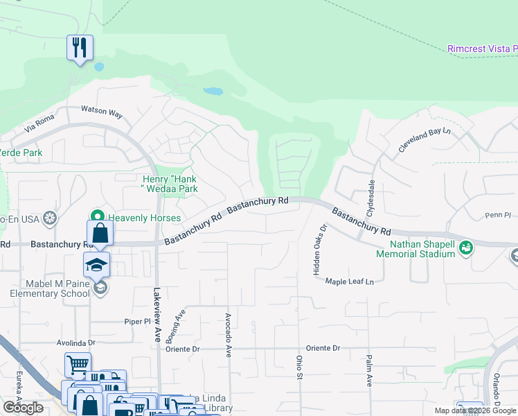 map of restaurants, bars, coffee shops, grocery stores, and more near 18837 Secretariat Way in Yorba Linda