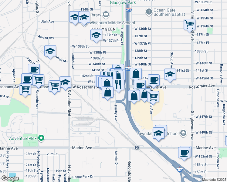 map of restaurants, bars, coffee shops, grocery stores, and more near 5310 Rosecrans Avenue in Hawthorne