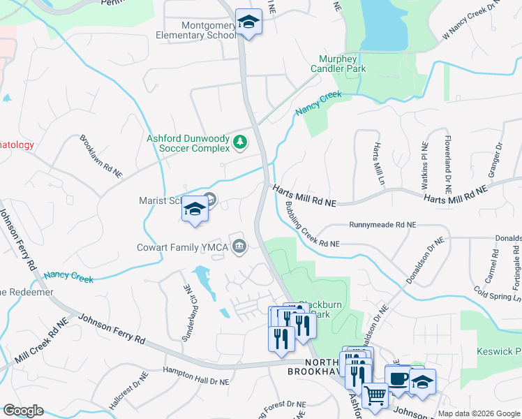 map of restaurants, bars, coffee shops, grocery stores, and more near 3739 Ashford Dunwoody Road Northeast in Atlanta
