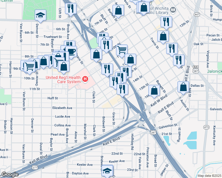 map of restaurants, bars, coffee shops, grocery stores, and more near 1507 13th Street in Wichita Falls