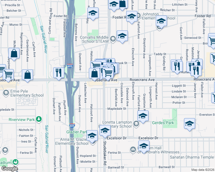 map of restaurants, bars, coffee shops, grocery stores, and more near 11011 Liggett Street in Norwalk