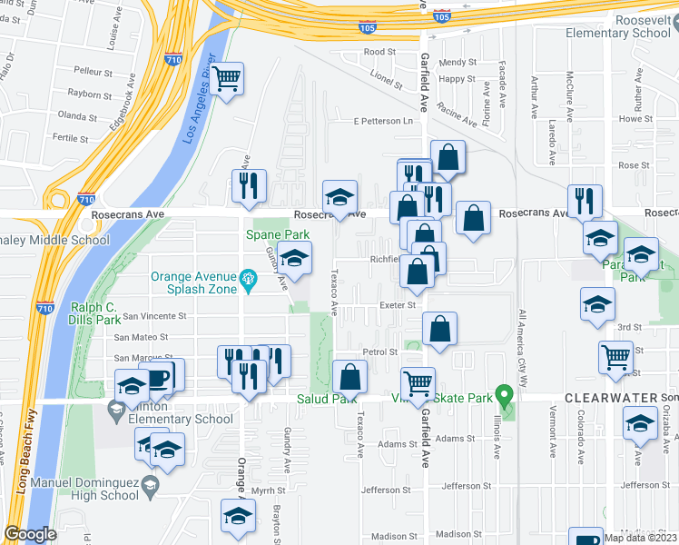 map of restaurants, bars, coffee shops, grocery stores, and more near 14512 Texaco Avenue in Paramount