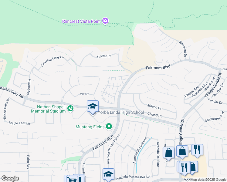 map of restaurants, bars, coffee shops, grocery stores, and more near 19942 Aldea Court in Yorba Linda