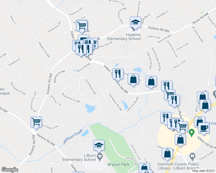 map of restaurants, bars, coffee shops, grocery stores, and more near 4957 Lake Ridge Trail Northwest in Lilburn