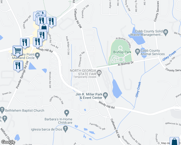 map of restaurants, bars, coffee shops, grocery stores, and more near 2105 Cumberland Creek Trail Southwest in Marietta