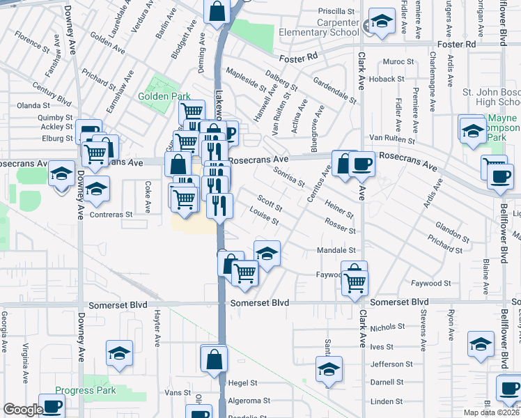 map of restaurants, bars, coffee shops, grocery stores, and more near 9045 Louise Street in Bellflower