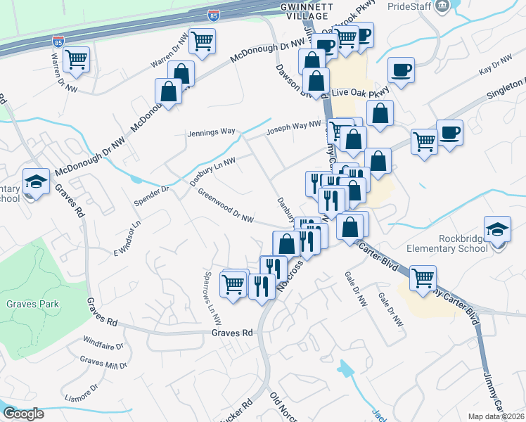 map of restaurants, bars, coffee shops, grocery stores, and more near 1518 Colony Court Northwest in Norcross