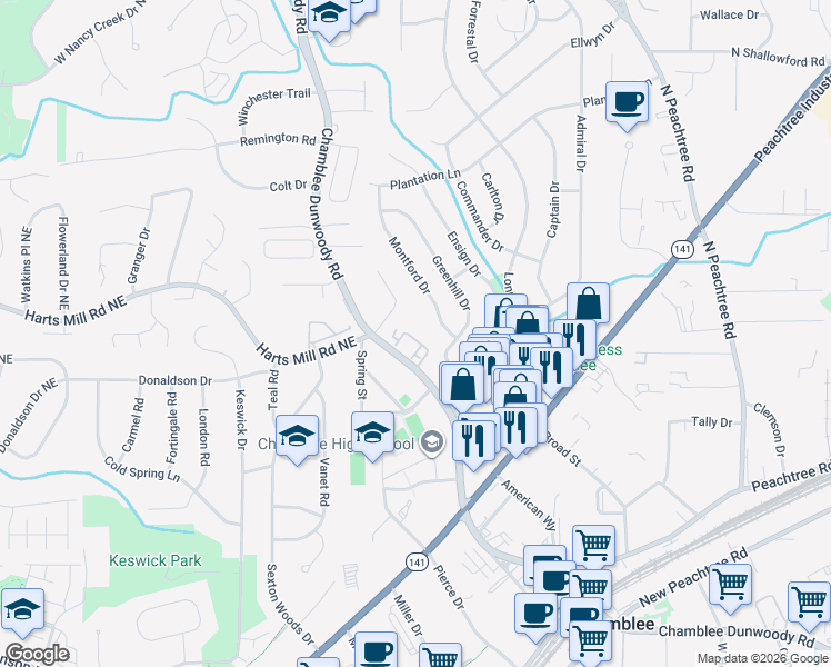 map of restaurants, bars, coffee shops, grocery stores, and more near 3734 Montford Drive in Chamblee