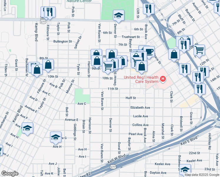 map of restaurants, bars, coffee shops, grocery stores, and more near 1912 11th Street in Wichita Falls