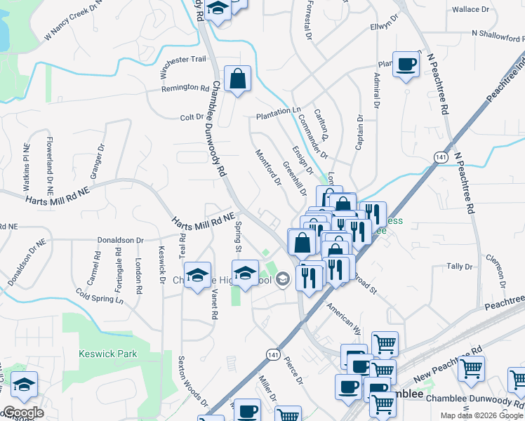 map of restaurants, bars, coffee shops, grocery stores, and more near 3781 Chamblee Dunwoody Road in Chamblee