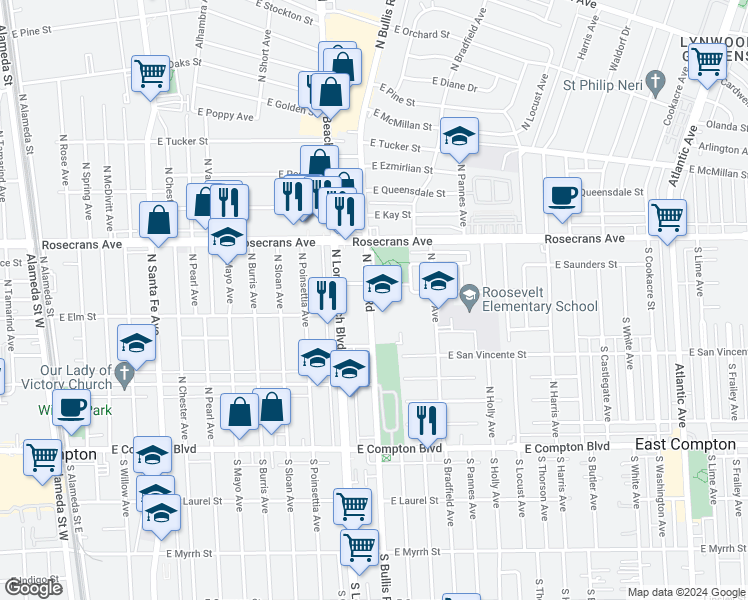 map of restaurants, bars, coffee shops, grocery stores, and more near 714 North Bullis Road in Compton