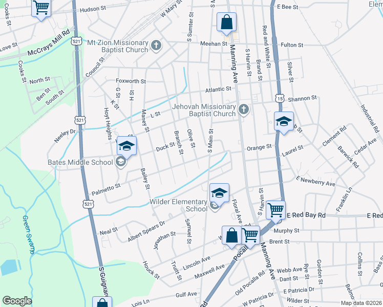 map of restaurants, bars, coffee shops, grocery stores, and more near 730 Olive Street in Sumter