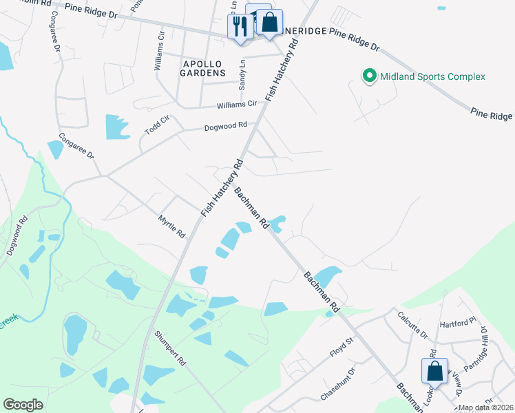 map of restaurants, bars, coffee shops, grocery stores, and more near 4144 Bachman Road in West Columbia