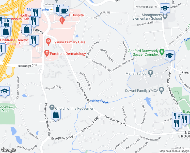 map of restaurants, bars, coffee shops, grocery stores, and more near 3687 Canyon Ridge Court Northeast in Atlanta