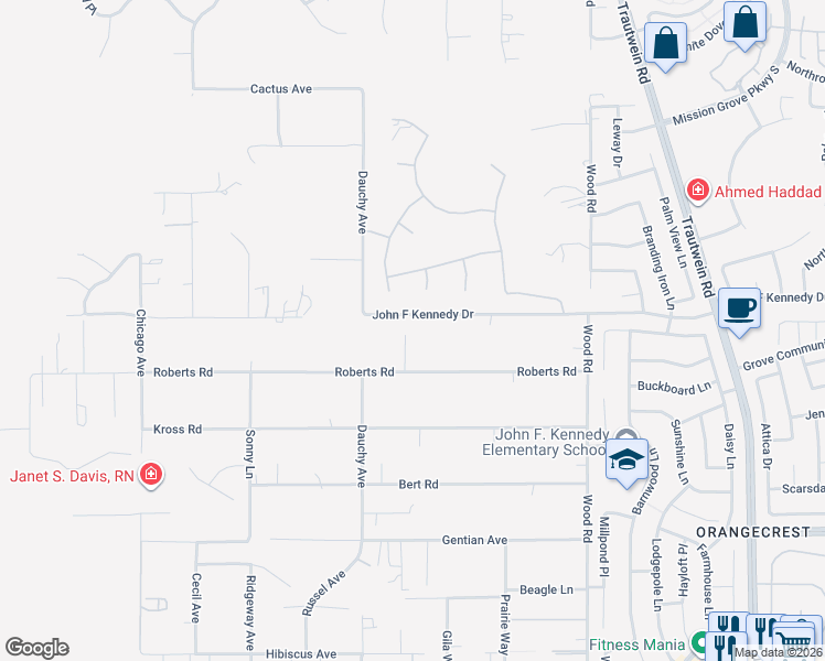 map of restaurants, bars, coffee shops, grocery stores, and more near 18590 Roberts Road in Riverside