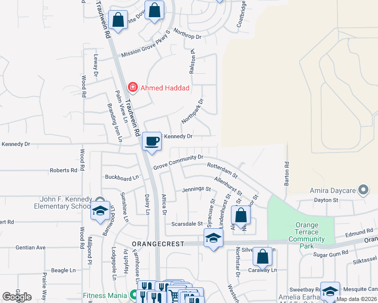 map of restaurants, bars, coffee shops, grocery stores, and more near 19423 Fortunello Avenue in Riverside
