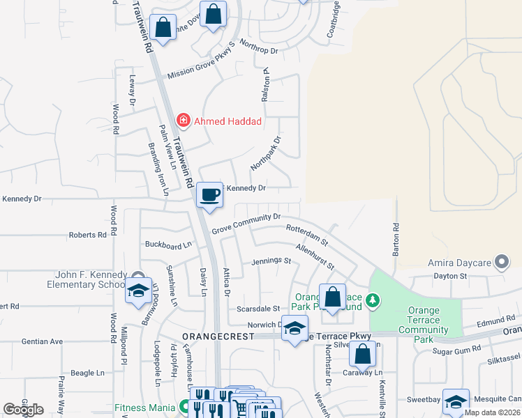map of restaurants, bars, coffee shops, grocery stores, and more near 19435 Fortunello Avenue in Riverside