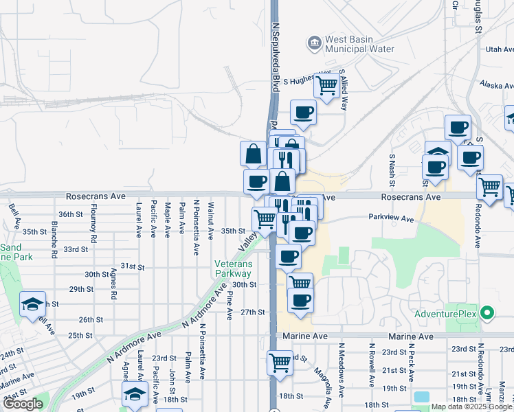 map of restaurants, bars, coffee shops, grocery stores, and more near in Manhattan Beach