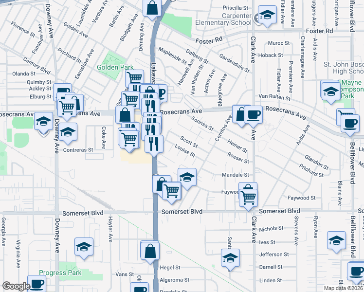 map of restaurants, bars, coffee shops, grocery stores, and more near 9045 Louise Street in Bellflower