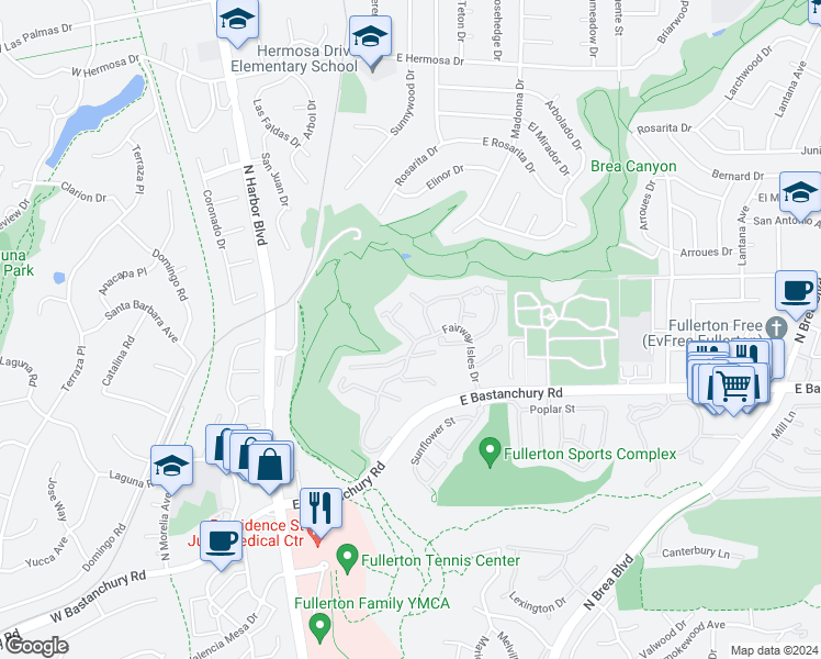 map of restaurants, bars, coffee shops, grocery stores, and more near 453 Pinehurst Court in Fullerton
