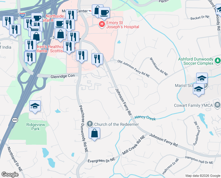 map of restaurants, bars, coffee shops, grocery stores, and more near 1025 Wescott Lane Northeast in Atlanta