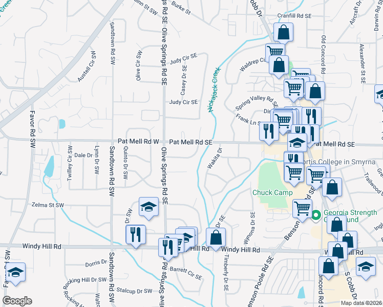 map of restaurants, bars, coffee shops, grocery stores, and more near 98 Peachtree Circle Southeast in Marietta