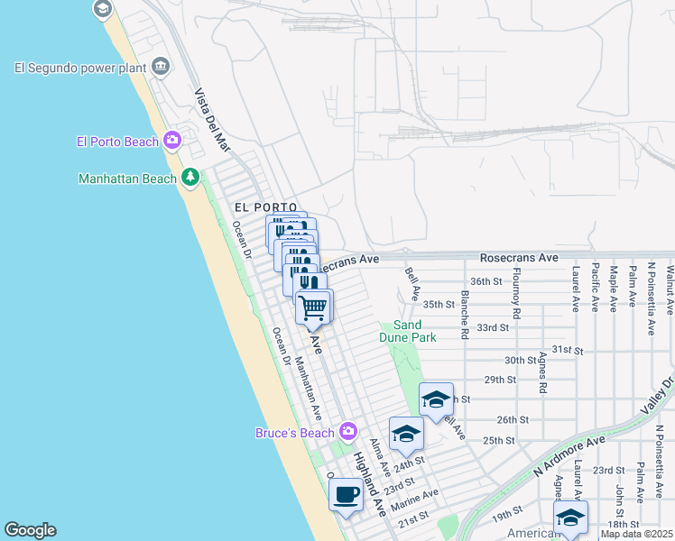 map of restaurants, bars, coffee shops, grocery stores, and more near 440 Rosecrans Avenue in Manhattan Beach