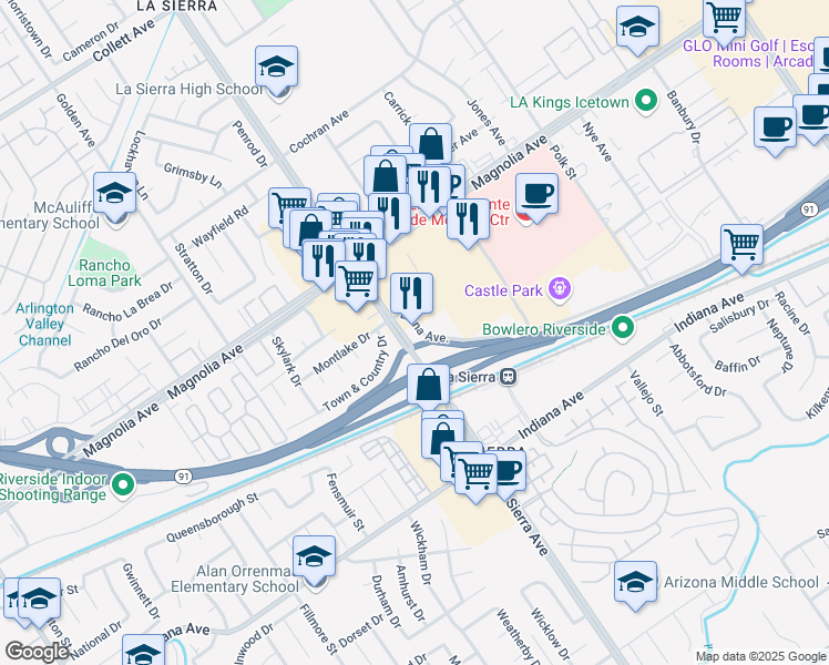map of restaurants, bars, coffee shops, grocery stores, and more near 3653 La Sierra Avenue in Riverside