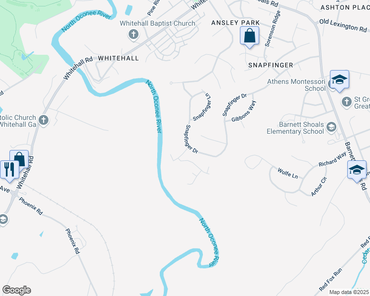 map of restaurants, bars, coffee shops, grocery stores, and more near 555 Snapfinger Drive in Athens