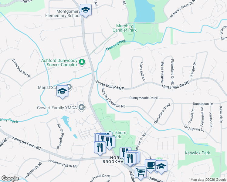 map of restaurants, bars, coffee shops, grocery stores, and more near 1497 Harts Mill Rd NE in Atlanta