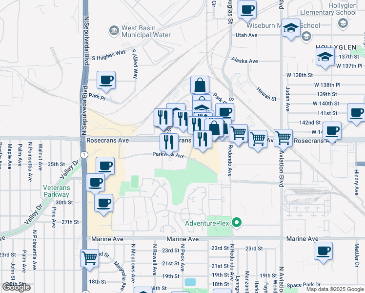 map of restaurants, bars, coffee shops, grocery stores, and more near 1500 Park Way in Manhattan Beach