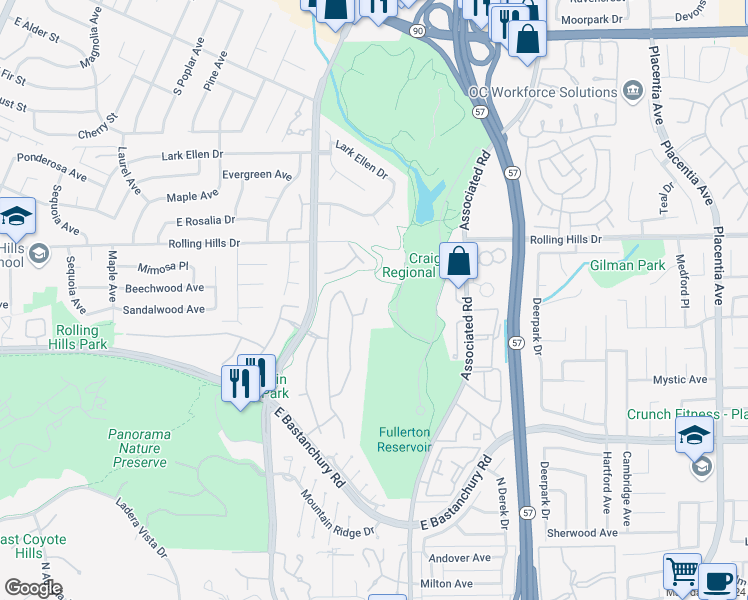 map of restaurants, bars, coffee shops, grocery stores, and more near 2670 Belinda Court in Fullerton