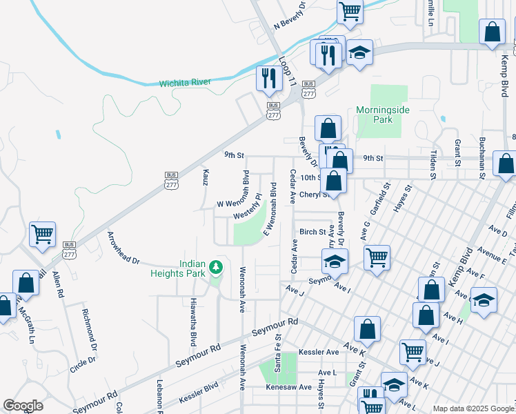 map of restaurants, bars, coffee shops, grocery stores, and more near 1021 Westerly Place in Wichita Falls