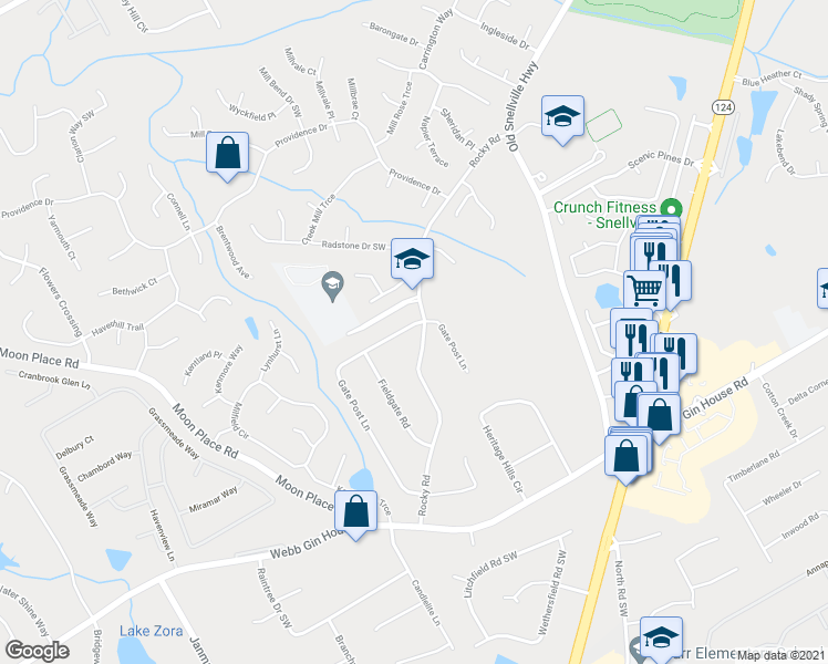 map of restaurants, bars, coffee shops, grocery stores, and more near 1101 Rocky Road in Lawrenceville