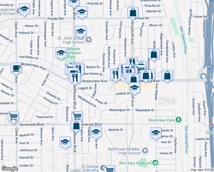 map of restaurants, bars, coffee shops, grocery stores, and more near 9947 Liggett Street in Bellflower