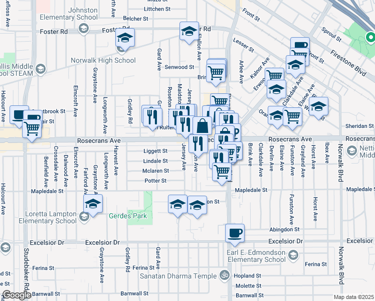 map of restaurants, bars, coffee shops, grocery stores, and more near 14324 Jersey Avenue in Norwalk